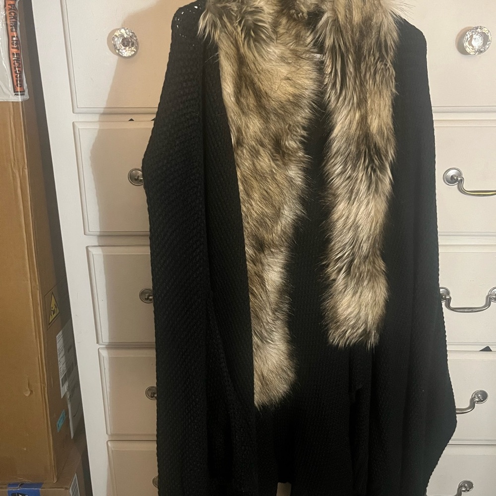 Black Knit Vest with Faux Fur Collar